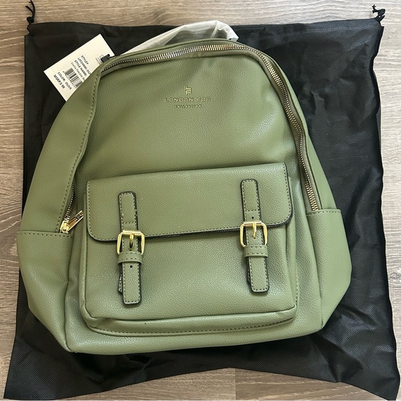 London Fog Handbags - New London Fog Stella Pebble Sage Green Backpack with Gold Light Accents